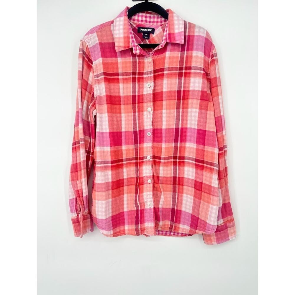 Lands End Womens Pink Plaid Button Down Shirt Size 14 Long Sleeve Cotton Classic